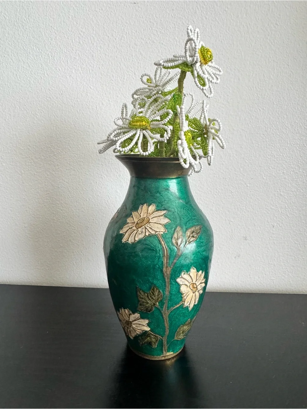 Vintage Cloisonné Brass & Teal Enamel Floral Vase with Beaded Flowers - Picture 3 of 5